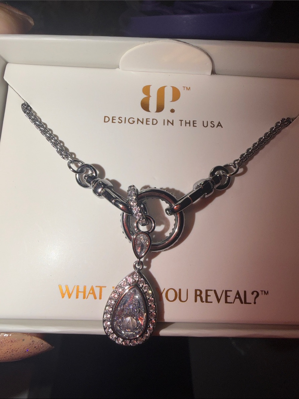 bp Silver-Tone Teardrop Necklace with Clear Crystal Accents